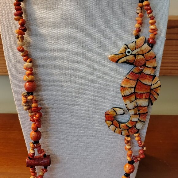 Vtg MCM Necklace Estate Jewelry Amber Seahorse Stone Resin & Wood Signed Tag - Picture 8 of 9